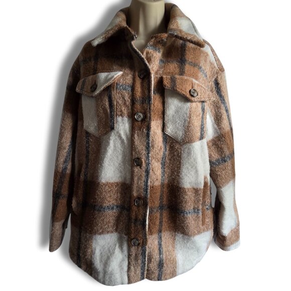 Avec Les Filles L Plaid Shacket Oversized Flannel Shirt Jacket Beige White Cozy - Picture 1 of 11